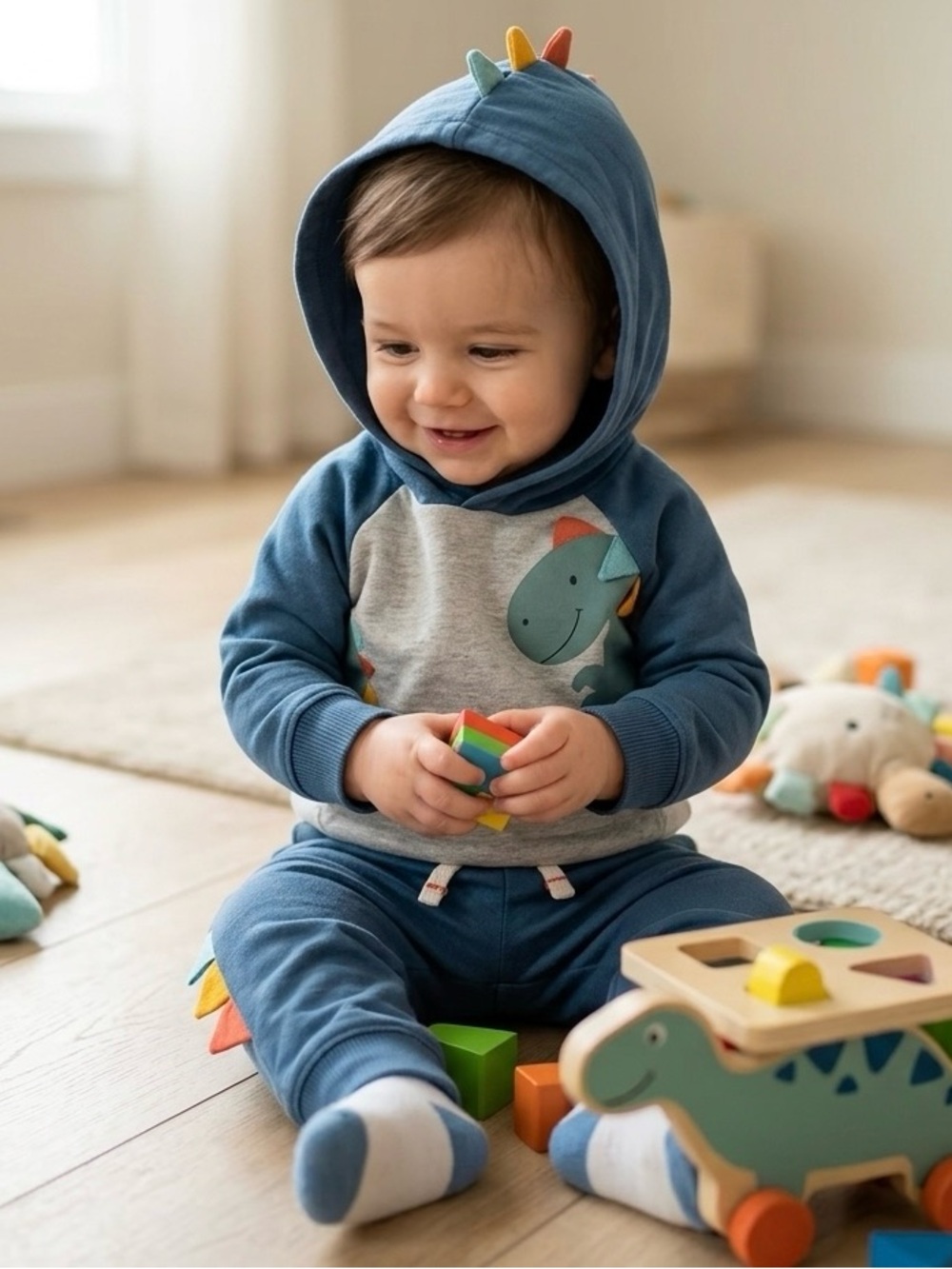 12M Little Lad Baby Boys Blue Gray Dinosaur Hoodie Sweatpants Tracksuit Set